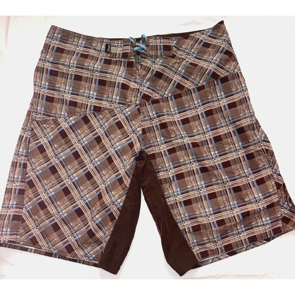 Reef Men’s Board Shorts Sz 38 Brown Blue Plaid Swim Surf Trunks Beachwear - Picture 1 of 4